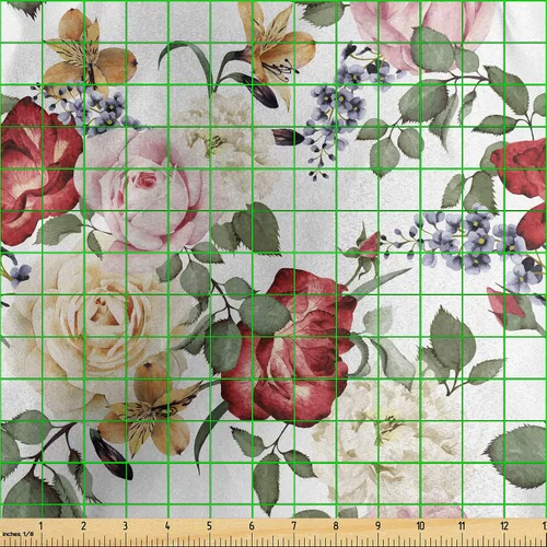 Vista 3 de Ambesonne The Yard, tela de flora desgastada de The Yard, brotes de primavera de verano, rosas, lilas, flores, hojas, tela decorativa de satén