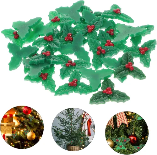 Vista 8 de Abaodam 120 piezas de bayas de acebo de Navidad con hojas verdes, parches de Navidad, bayas de acebo artificiales de Navidad, micro hojas