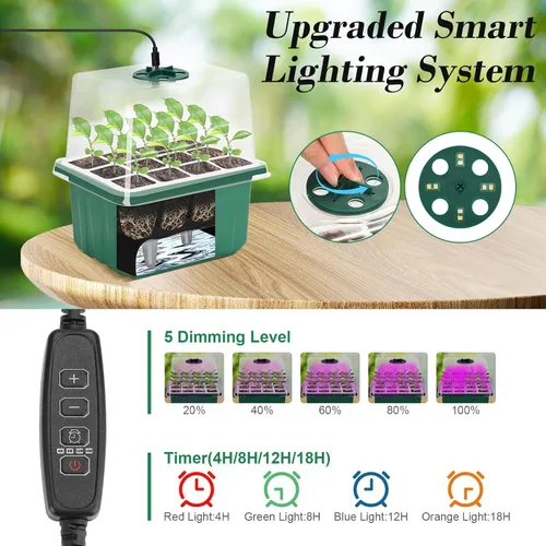 Vista 5 de Juego de 4 bandejas de inicio de semillas de riego automático con luz de crecimiento, kit de germinación de semillas reutilizables con cúpulas