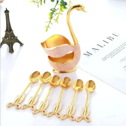 Vista 7 de Watris Veiyi Juego de cucharas de café, juego de cucharas de postre, 6 cucharas de té con soporte de base de cisne, organizador de cucharas de café