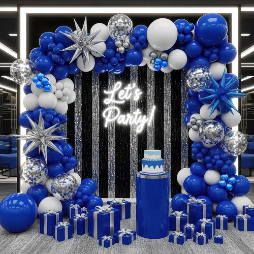 Vista 7 de Kit de arco de guirnalda de globos azul real, blanco y plateado, globos azules metálicos con globos de papel de aluminio en forma de explosión Azul