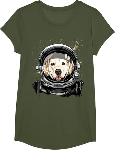 Vista 103 de Camiseta para amantes de los perros de los astronautas del espacio exterior Golden Retriever Lover, Negro