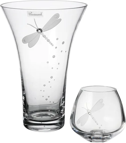 Vista 3 de Florero de libélula – Jarrón de cristal hecho a mano con cristal de primera calidad y decoración de libélula grabada – Caja de regalo – Centro