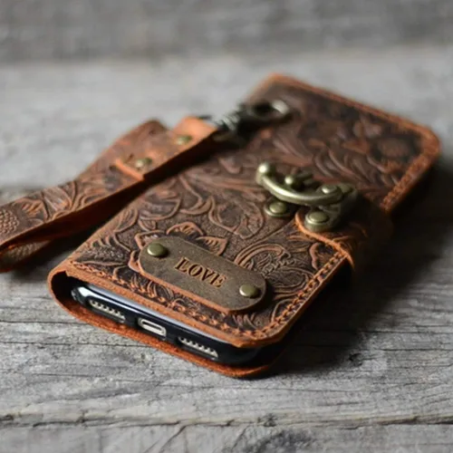 Vista 3 de Funda de billetera de cuero genuino hecha a mano para iPhone 17 Pro Max 17 Air 16 Funda para iPhone 15 Plus 15 Pro 14 16e Funda con correa de muñeca