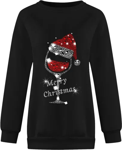 Vista 3 de Sudadera de Navidad para mujer, cuello redondo, estampado de letras, negro del viernes, suéter casual de manga larga