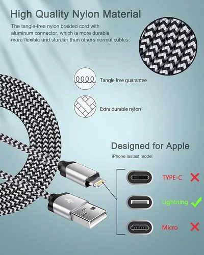 Vista 56 de AILKIN - Cargadores para iPhone con certificación MFI, cable Lightning trenzado de 6 pies de largo USB Wall Charger, Fast Charging Power Cord Plug