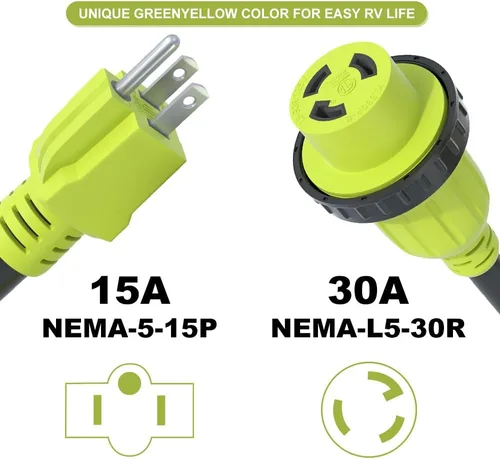Vista 2 de Cable adaptador de enchufe RV de 15 amperios a 30 amperios de 110 voltios, NEMA 5-15P macho a L5-30R Twist Lock hembra, Heavy Duty STW calibre 10