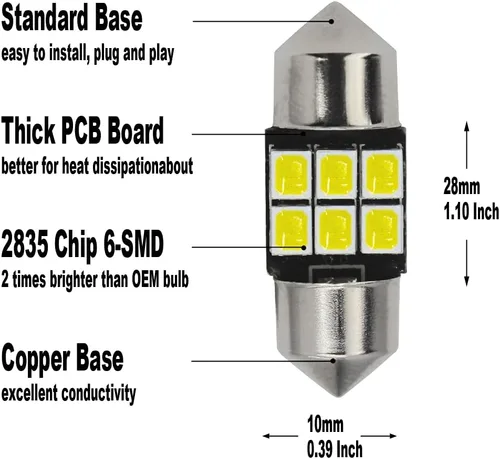 Vista 2 de Yoper DE3021 DE3022 - Bombillas LED (1.102 in) Domo interior mapa puerta cortesía, placa de matrícula, blanco, Canbus libre de errores, festón