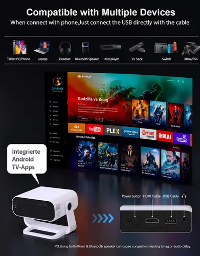 Vista 3 de Projector Mini Smart, with Wifi and Bluetooth, 220 ANSI 1080P HD, Built-in Apps, Portable Outdoor Bedroom Movie Projector, for Phone, Android TV