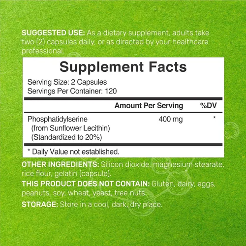 Vista 2 de Suplemento de fosfatidilserina, dosis de 400 mg, 240 cápsulas – Fuente de lecitina de girasol sin soja