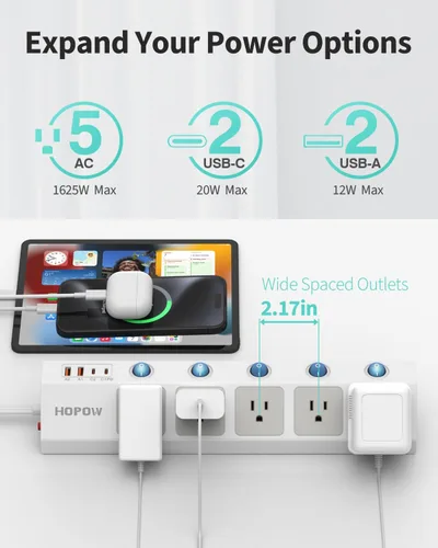 Vista 3 de HOPOW Regleta de alimentación de enchufe plano con interruptores individuales, cable de extensión plano ultrafino de 10 pies, protector