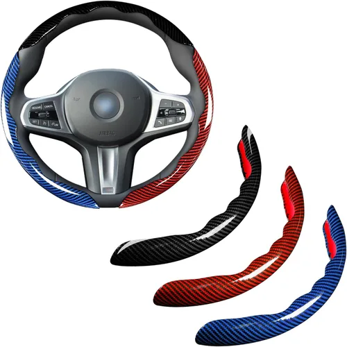 Vista 14 de Juego de fundas para volante de automóvil, funda de fibra de carbono brillante, antideslizante, 3 piezas, accesorios para volante de 14.5-15 negro