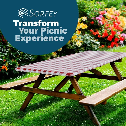 Vista 7 de Sorfey Mantel de picnic ajustado con elástico, vinilo con reverso de franela, se adapta a mesa de 48 x 24 pulgadas, rectangular, a prueba de agua