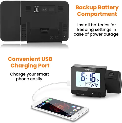 Vista 6 de SMARTRO - Reloj despertador digital de proyección para dormitorios con termómetro interior higrómetro, cargador USB, proyector de mesita de noche