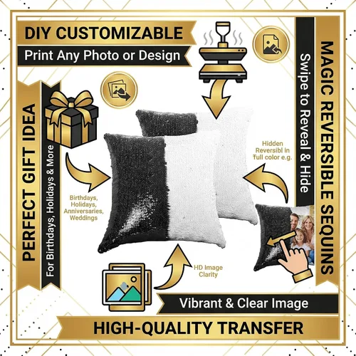 Vista 8 de Paquete de 2 fundas de almohada de lentejuelas sublimadas de 16 x 16 pulgadas, fundas de almohada reversibles con purpurina para regalos