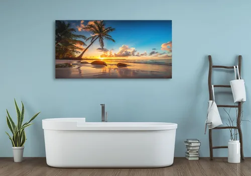 Vista 3 de Aibonnly - Pintura en lienzo de arte de pared, atardecer en una playa tropical con palmeras, 1 pieza, cielo azul, océano, vista al mar, póster