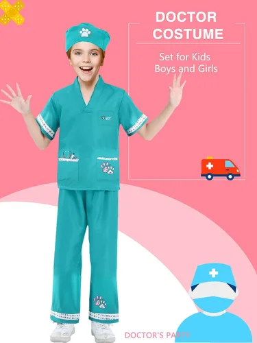 Vista 2 de Juego de 6 piezas de disfraz de médico animal para niños, ropa de veterinario para niños para el día de la carrera, Halloween, juego de rol, cosplay