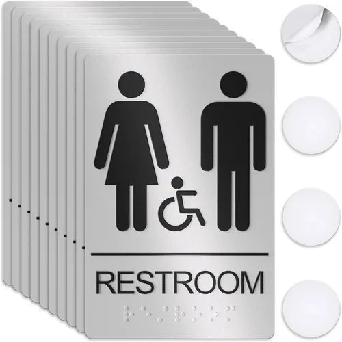 Vista 10 de Letreros unisex de baño, letrero de baño para negocios, para hombres y mujeres, 9 x 6 pulgadas, compatible con la ADA con Braille, adhesivos fuertes