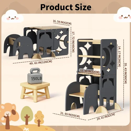 Vista 8 de COSYLAND - Taburete de cocina 4 en 1 para niños pequeños Elefante gris y natural