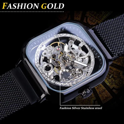 Vista 4 de FORSINING Relojes automáticos Reloj de pulsera mecánico dorado para hombre Relojes de esqueleto con esfera transparente de acero inoxidable
