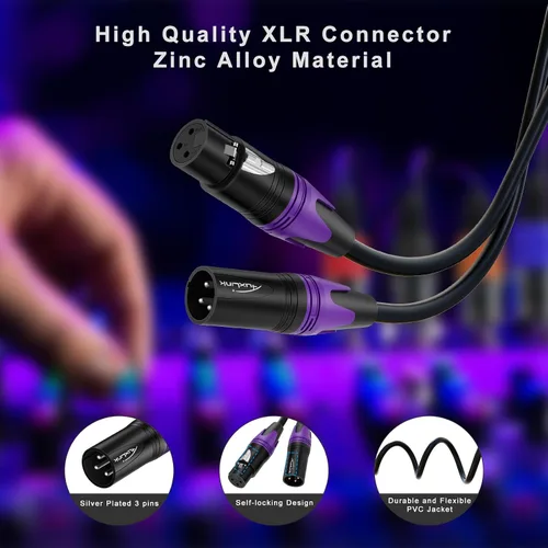 Vista 4 de 25 pies de cable de micrófono XLR 2Pack - 3 pines macho a hembra bañados en oro, compatible con micrófonos, sistemas de altavoces, iluminación