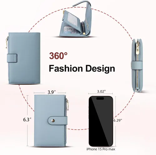 Vista 4 de yiijay Cartera para mujer con bloqueo RFID, de cuero vegano, triple pliegue, tarjetero para tarjetas de crédito, cartera de viaje con soporte