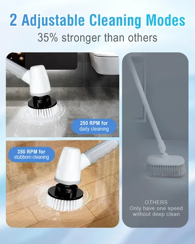Vista 5 de Cepillo Eléctrico Giratorio de Baño - Cepillo de Ducha Inalámbrico con Mango Ajustable, 2 Velocidades, Cepillo de Baño con 8 Cabezales de Cepillo
