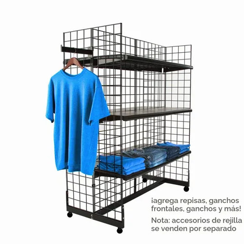 Vista 2 de Only Hangers Panel de exhibición de rejilla Gridwall con base de góndola - Unidad de góndola de rejilla negra con ruedas