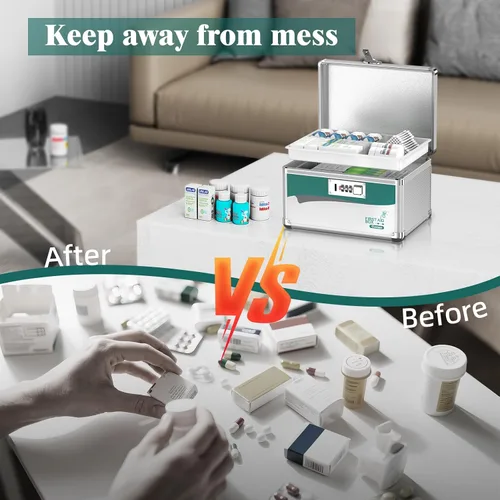 Vista 3 de Caja de seguridad para medicamentos con código, caja organizadora de medicamentos de aleación de aluminio de 2 capas con bandeja extraíble, caja