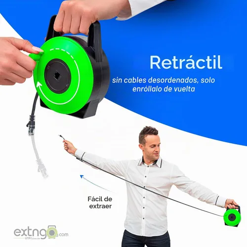 Vista 2 de Extensor de cable Ethernet CAT6 retráctil de 33 pies - Cable de red portátil plano con conectores RJ45 macho-hembra, velocidad de 1 Gbps, carrete