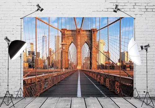 Vista 2 de BELECO Telón de fondo de tela de 5 x 3 pies con diseño de puente de Brooklyn de Nueva York, emblemático edificio de la ciudad, telón de fondo