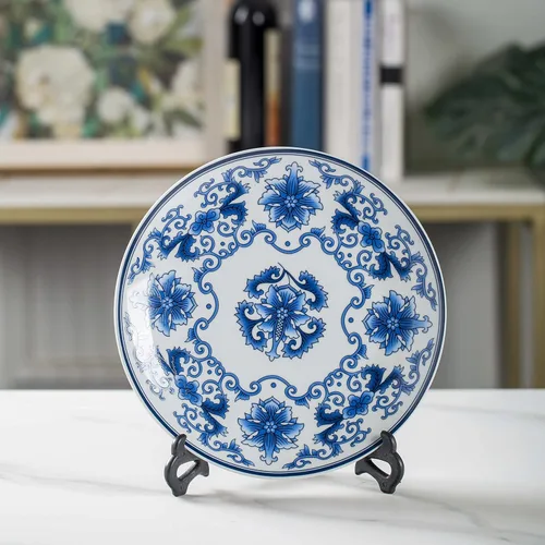 Vista 2 de Platos decorativos de porcelana azul y blanca de 10.2 in con patrón floral oriental para manualidades de cerámica para adornos, 1 plato con 1