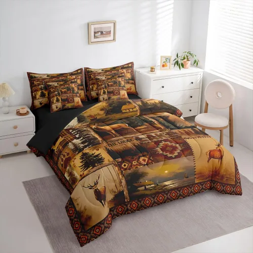 Vista 136 de Feelyou Juego de edredón de ciervo con sábanas – Tamaño Queen 7 piezas Juego de ropa de cama infantil de caza rústica – Cama de ciervo de cabaña