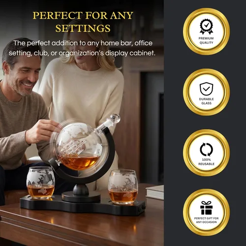 Vista 4 de Juego de decantador de whisky con globo giratorio y 2 vasos para whisky grabados - Regalos para hombres, papá, aniversario, cumpleaños, inauguración