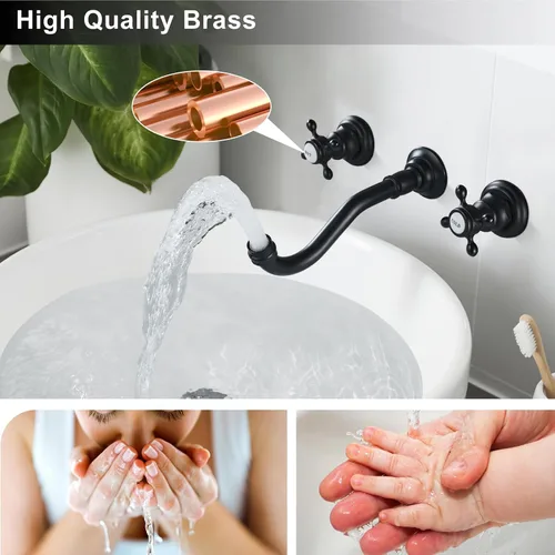 Vista 7 de Midanya Grifo de fregadero de baño extendido para montaje en pared, 3 agujeros, 2 pomos cruzados, latón lavabo mezclador, boquilla mezcladora, doble