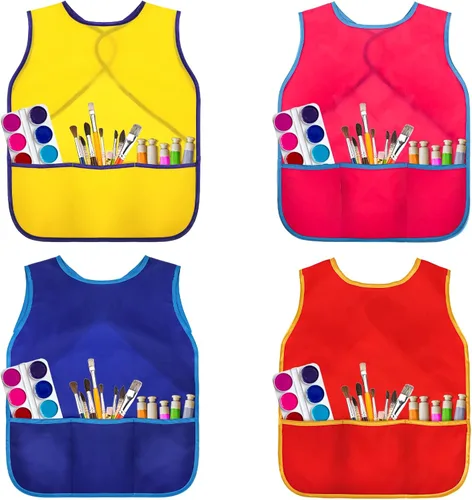 Vista 3 de DEAYOU Paquete de 12 delantales de arte para niños, impermeables, con 3 bolsillos, sin mangas, para niños de 3 a 8 años, para cocinar, hornear