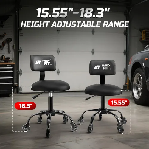 Vista 3 de Taburete Rodante de Taller con Ruedas, Silla de Garaje para Mecánicos con Altura Ajustable 39.5-46.5 cm, Asiento Giratório Resistente para Garaje