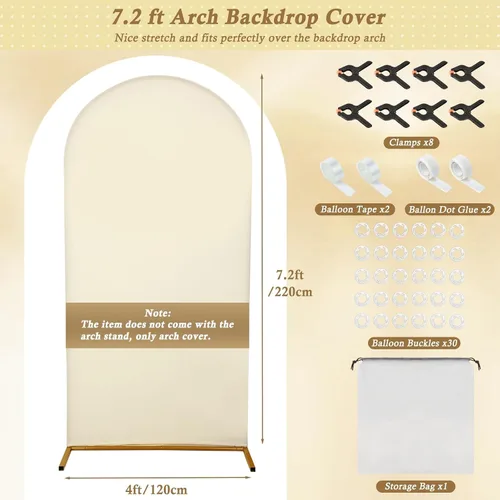Vista 7 de Cubierta de fondo de arco de 7.2 pies, cubierta de arco de elastano beige, cubierta de soporte elástica con herramientas de atar globos para boda
