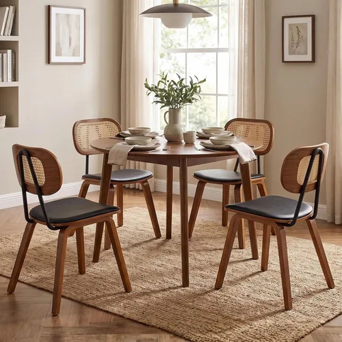 Vista 10 de Juego de 2 sillas de comedor de ratán, asiento de piel sintética Beige/Negro