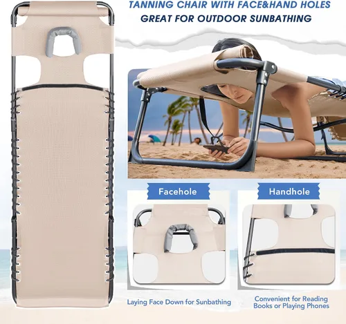Vista 4 de Flamaker Silla Tumbona boca abajo ajustable de 5 posiciones para tomar el sol, silla de bronceado plegable con agujeros para la cara y los brazos