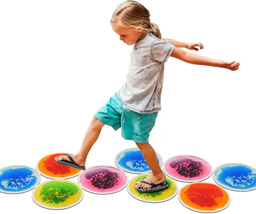Vista 7 de art3d 4 piezas de baldosas sensoriales redondas para niños, bebés y niños pequeños, alfombra de actividad sensorial líquida colorida para juego