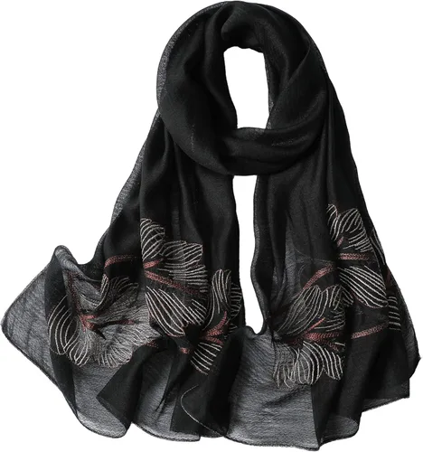 Vista 6 de WINCESS.YU Women Embroidered Silk Scarf, 75* 28 Inches Long Shawl and Wraps Negro
