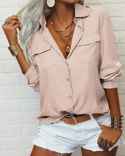 Vista 2 de Veatzaer Blusa de manga larga con solapa sólida para mujer, con botones, casual, básica, para oficina