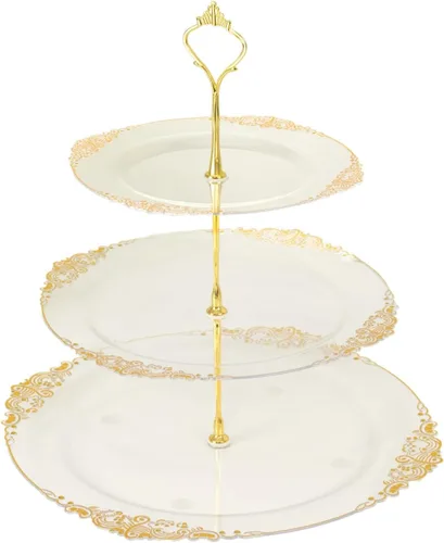 Vista 5 de Efavormart - Soporte de plástico transparente para cupcakes de 3 niveles con borde barroco dorado en relieve, soporte redondo de postres