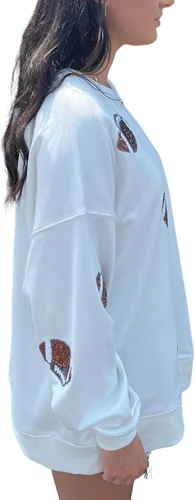 Vista 3 de Sudadera de fútbol americano con lentejuelas bordadas para mujer, ajuste holgado, casual, cuello redondo, manga larga, para el día del partido