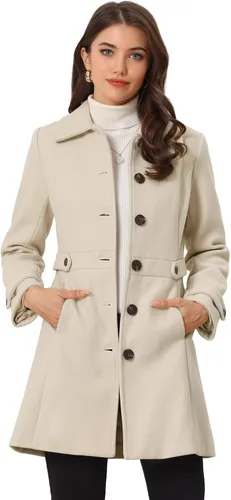 Vista 19 de Abrigo clásico de invierno con bolsillos de Allegra K para mujer; chaquetón de botonadura sencilla Verde militar