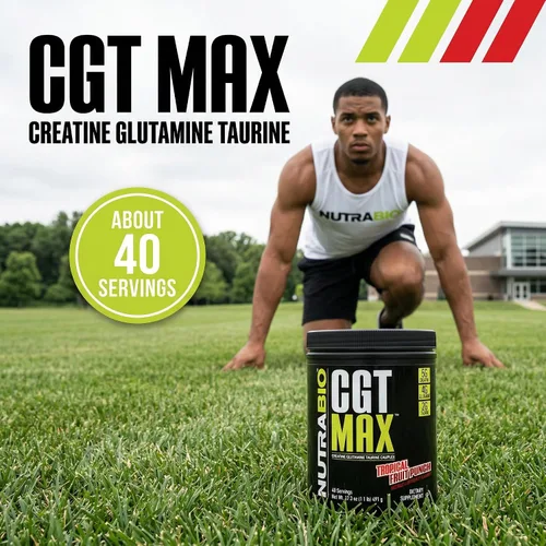 Vista 3 de NutraBio Polvo CGT-MAX - Creatina, glutamina y taurina para apoyar la recuperación muscular y la fuerza - 40 porciones - Ponche de frutas
