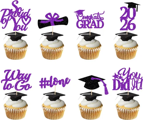 Vista 12 de Decoraciones de graduación 2026 azul, adornos para cupcakes de graduación 2026 azul y negro, suministros de decoración para cupcakes clase de 2026