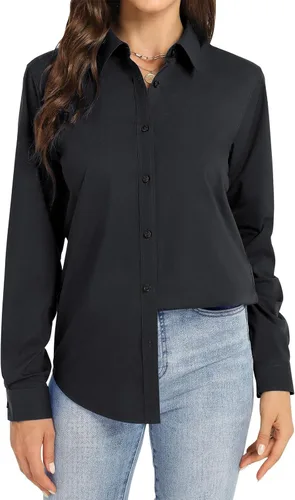 Vista 3 de Camisas de vestir para mujer, de manga larga, con botones, formales, sin arrugas, lisas, para trabajo, negocios, oficina, tops básicos