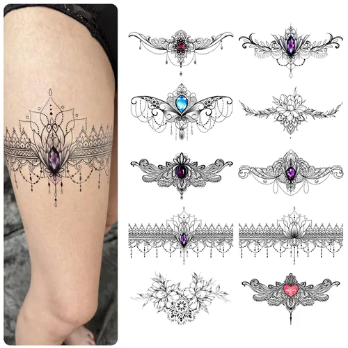 Vista 7 de Roarhowl Tatuajes de encaje, juego de tatuajes temporales sexy grande, tatuajes temporales para mujeres, vientre, espalda, cintura, muslo, arte